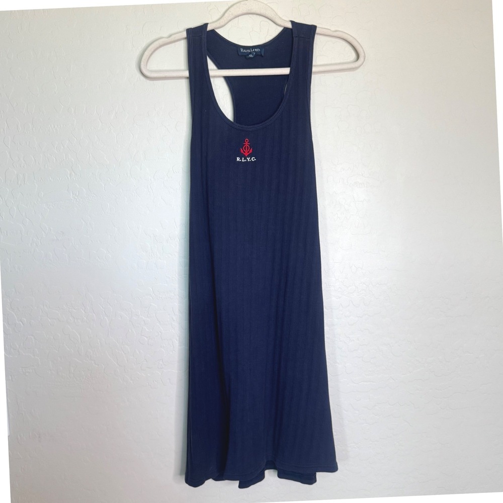 Y2K VTG Ralph Lauren Womens Cotton Tank Dress L Blue Nautical Preppy Ribbed